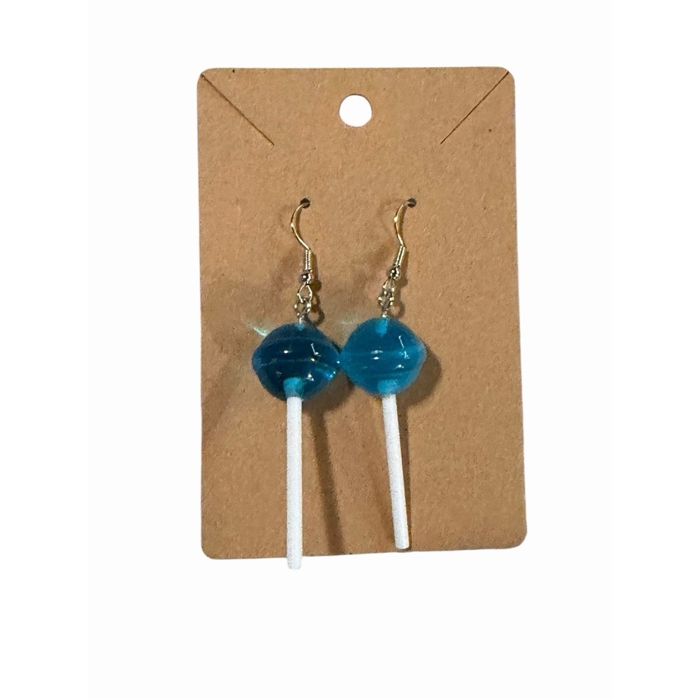 Handmade Blue Lollipop Drop Earrings Novelty Candy Kitsch Dangle Jewelry